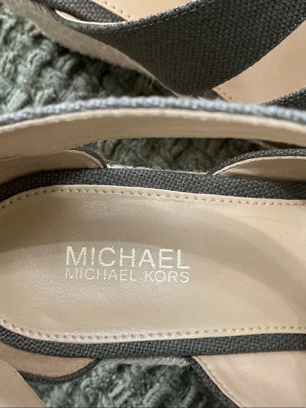 Michael Kors Olive Canvas Espadrille Wedge Sandals with Gold Zip